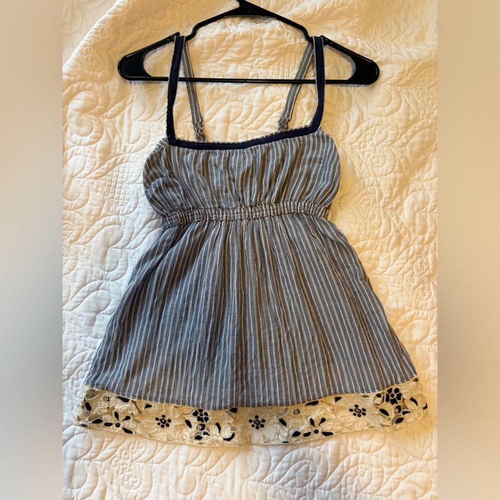 VTG Y2K Hollister Blue Navy White Stripe Tank Top Cream Floral Eyelet Lace M